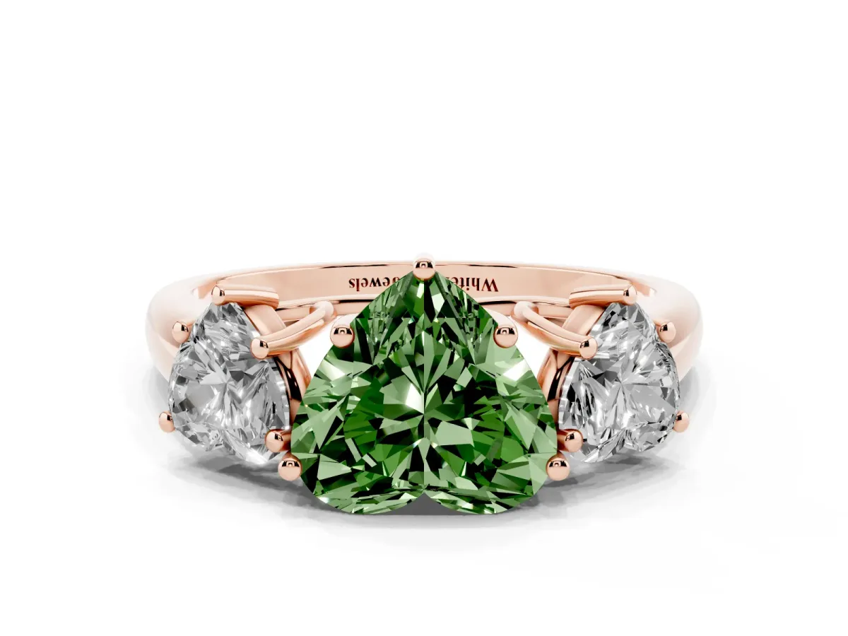 Fancy Green Three-Stone Heart Cut Diamond Engagement Ring with Prong Setting Rose gold