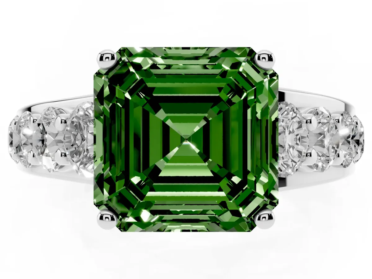 Fancy Green Asscher Cut Diamond Engagement Ring with Pavé Band and Four-Prong Setting Platinum