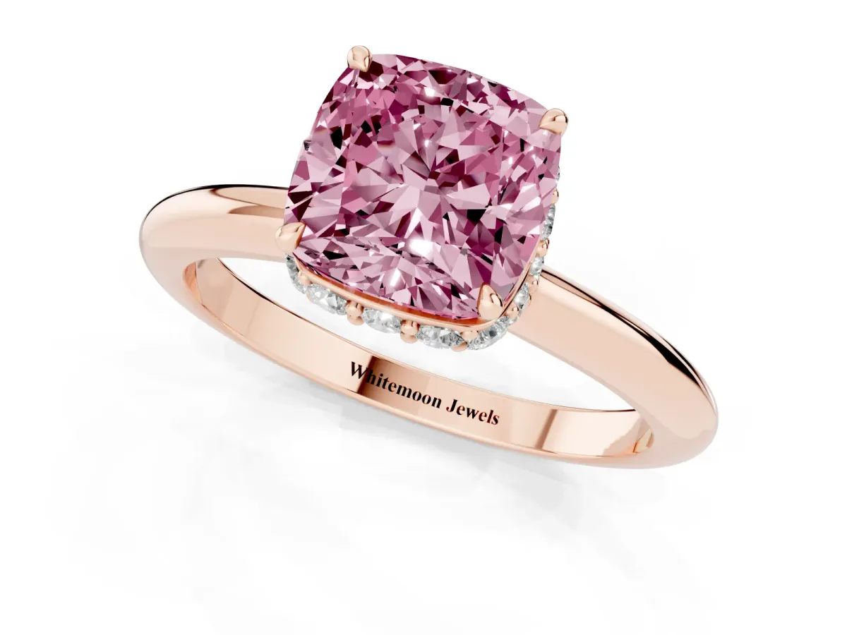 Fancy Pink Cushion Cut Brilliant Solitaire Engagement Ring with Six-Prong Setting and Classic Band Rose gold