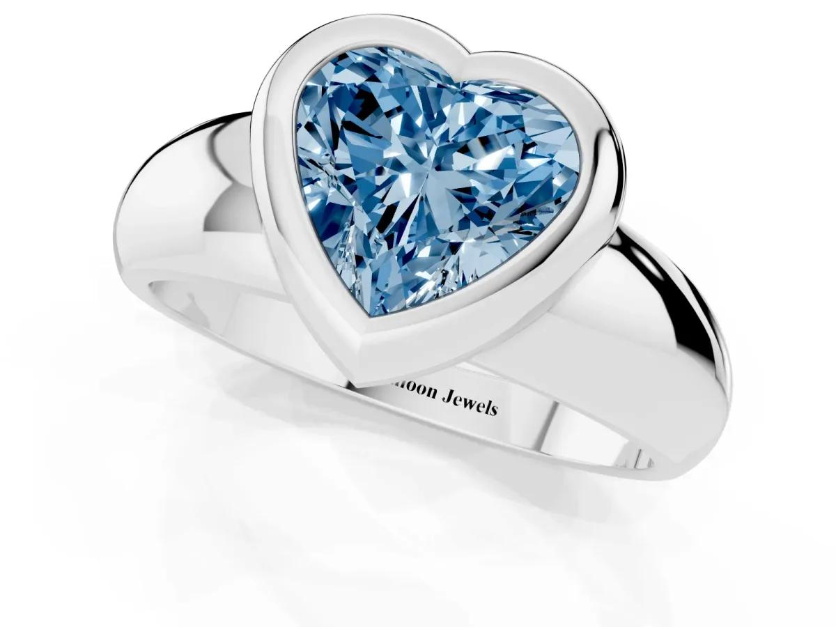 Fancy Blue Bezel Set Heart Cut Solitaire Ring with Wide Band Platinum