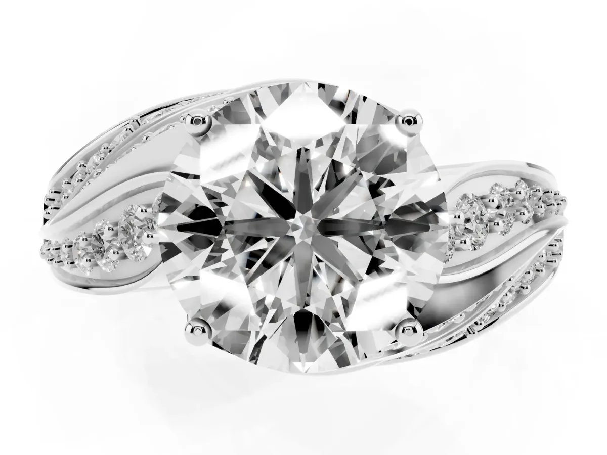 Round Cut Diamond Solitaire Ring with Prong Setting and Twisted Pavé Band Silver