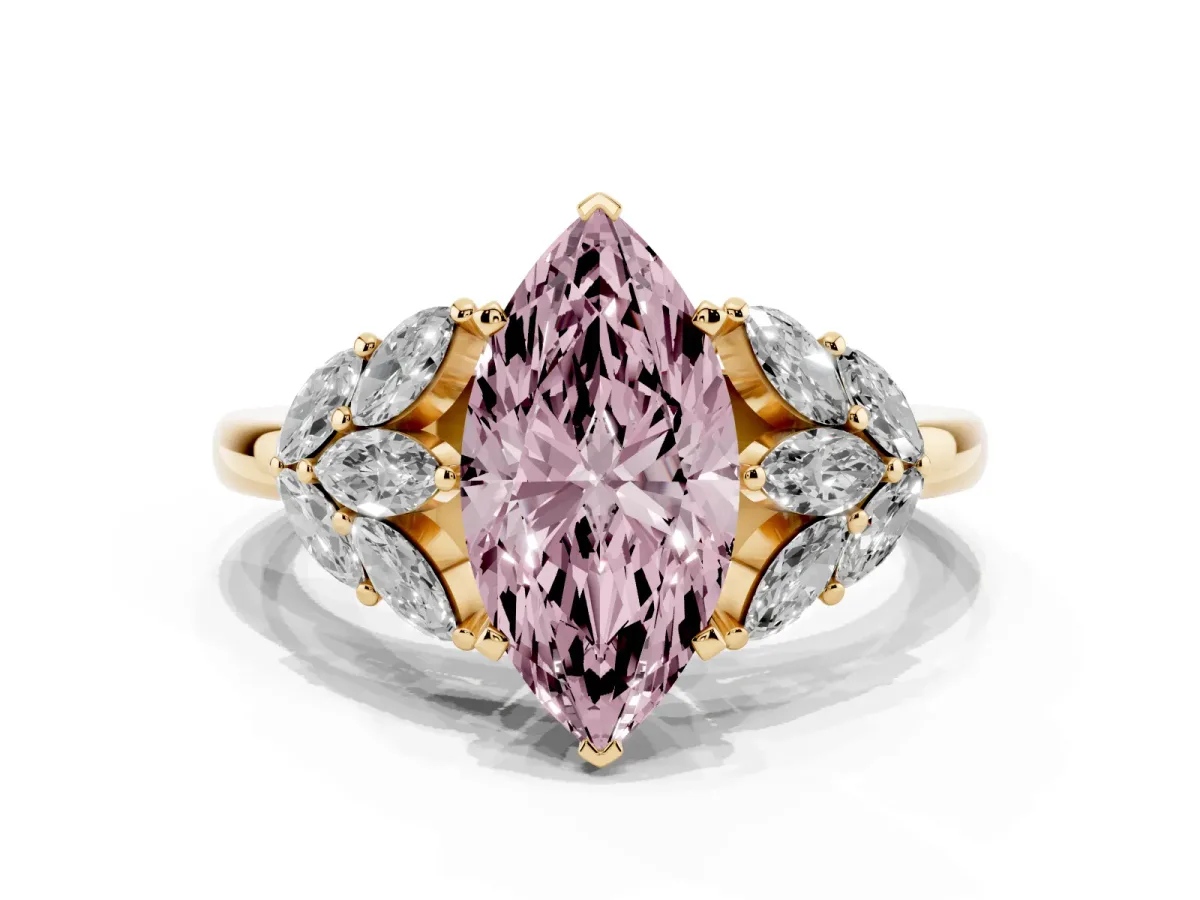 Fancy Pink Marquise Cut Diamond Cluster Leaf Design Ring with Prong Setting Yellow gold