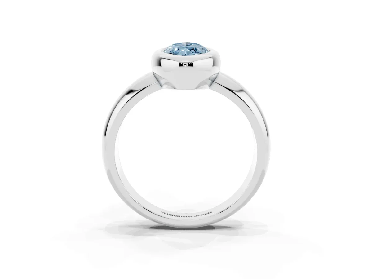 Fancy Blue Bezel Set Marquise Cut Solitaire Ring with Wide Band White gold
