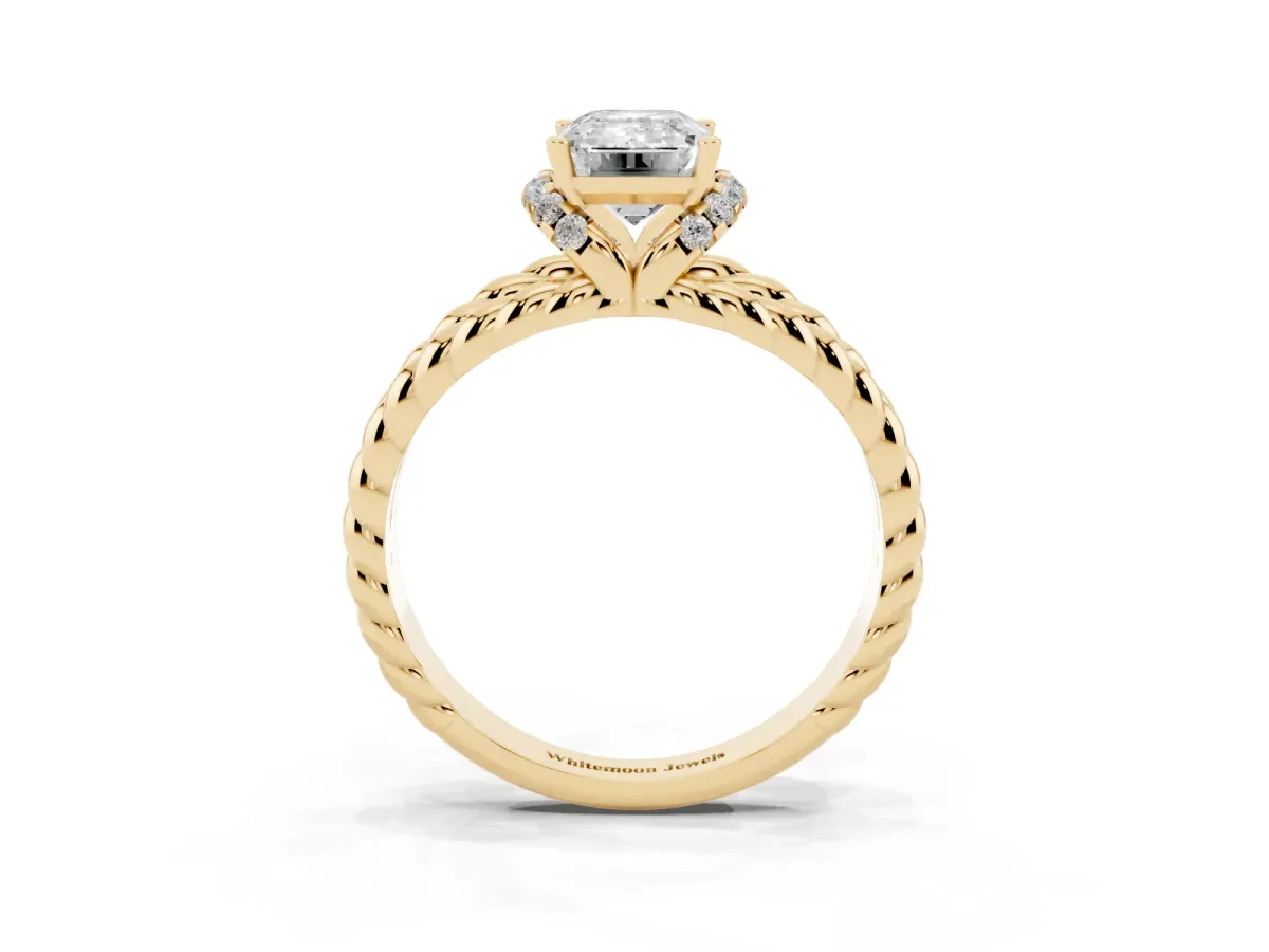 Emerald Cut Halo Twisted Band Four-Prong Ring Yellow gold