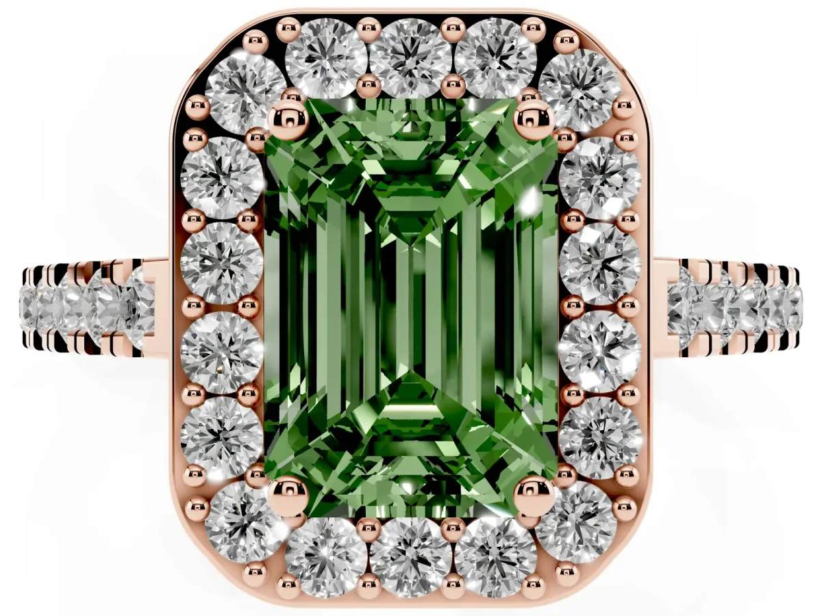 Fancy Green Emerald Cut Diamond Halo Ring with Round Pavé Split Shank and Prong Setting Rose gold