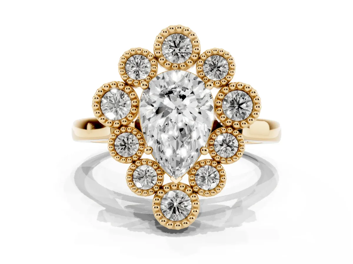 Pear Cut Halo Diamond Cluster Engagement Ring with Milgrain Bezel Setting and Solitaire Band Yellow gold