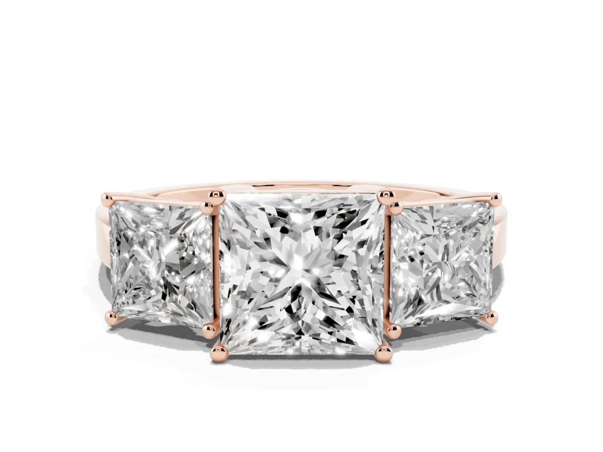 Three-Stone Princess Cut Cut Diamond Engagement Ring with Flat Band and Four-Prong Setting Rose gold