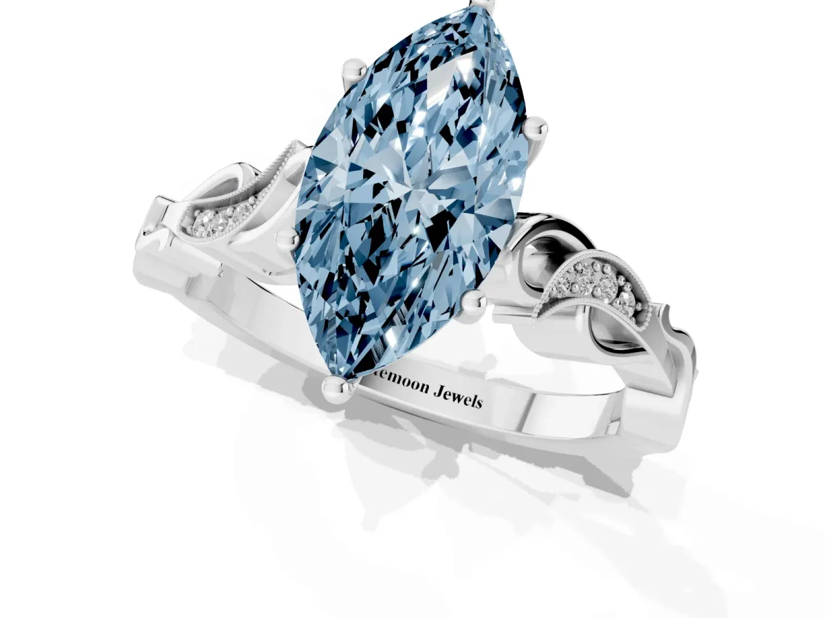 Fancy Blue Marquise Cut Solitaire Vine Band with Milgrain Prong Setting Platinum