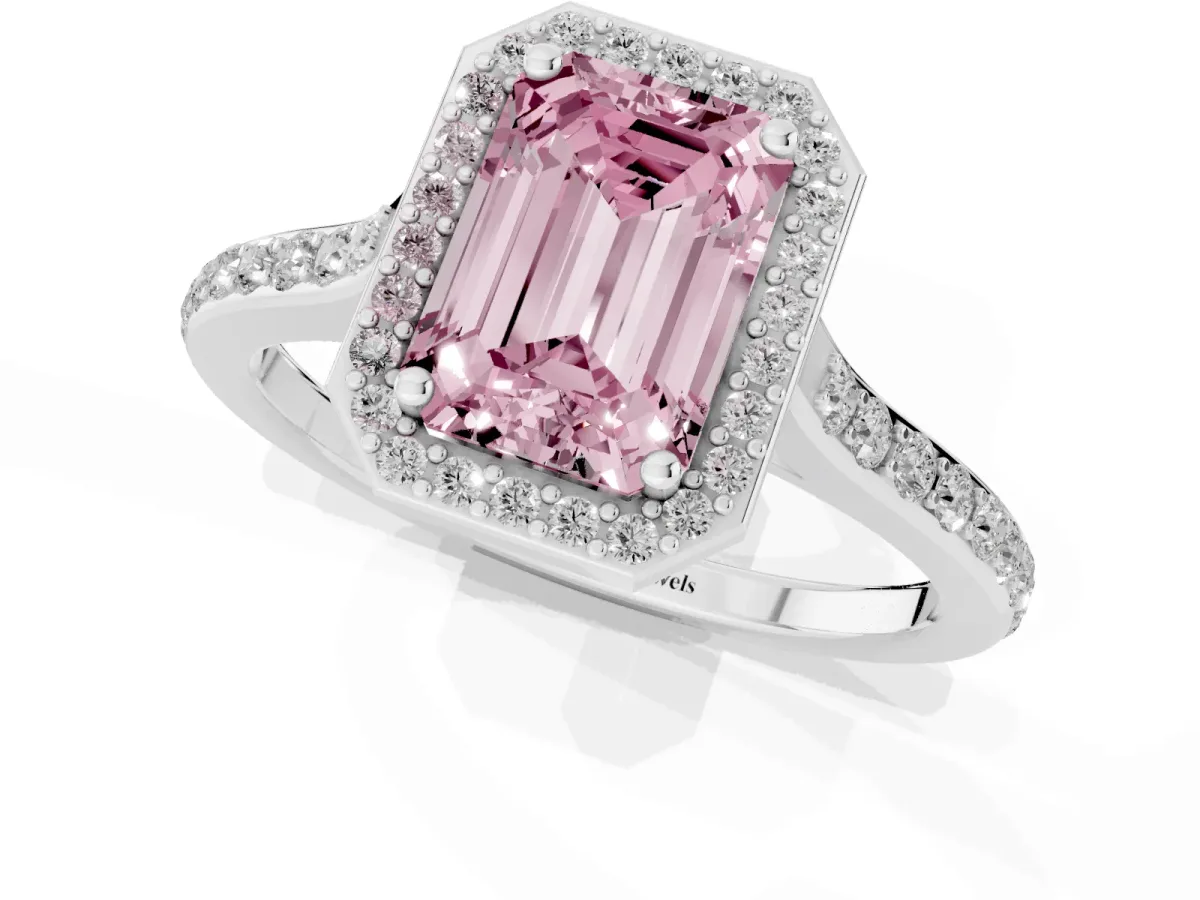 Fancy Pink Emerald Cut Diamond Halo Engagement Ring with Round Pavé Shoulders and Prong Setting White gold