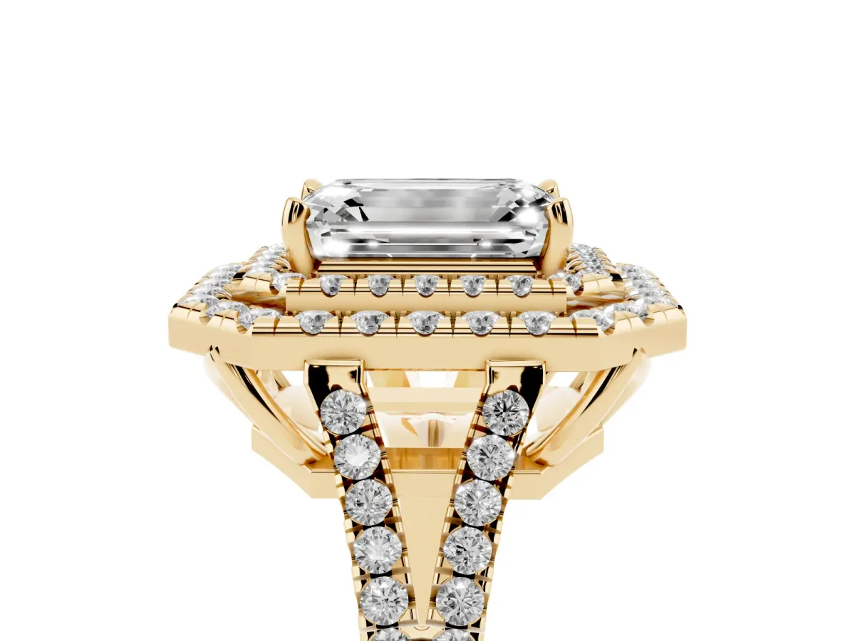 Emerald Cut Diamond Double Halo Ring with Pavé Band and Prong Setting Yellow gold