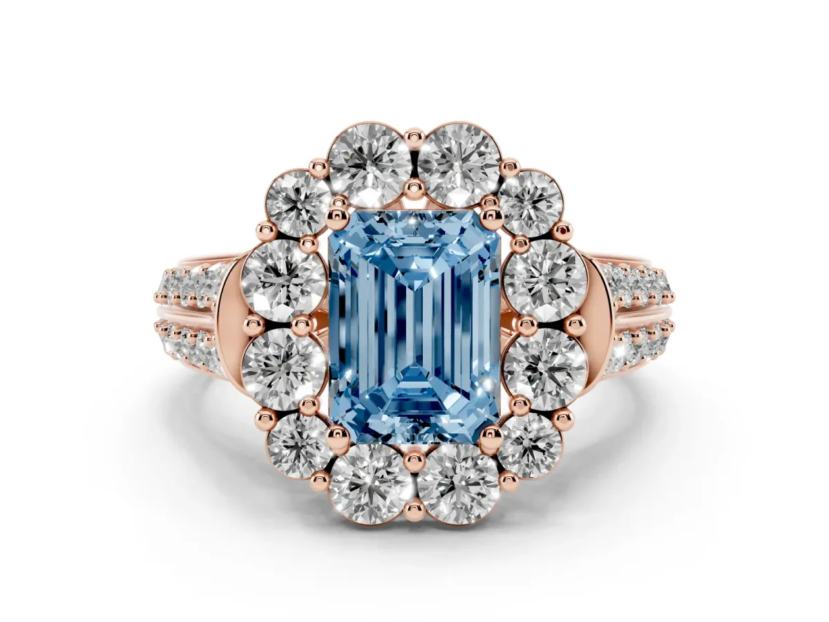 Fancy Blue Emerald Cut Halo Diamond Engagement Ring with Split Shank and Prong Setting Rose gold