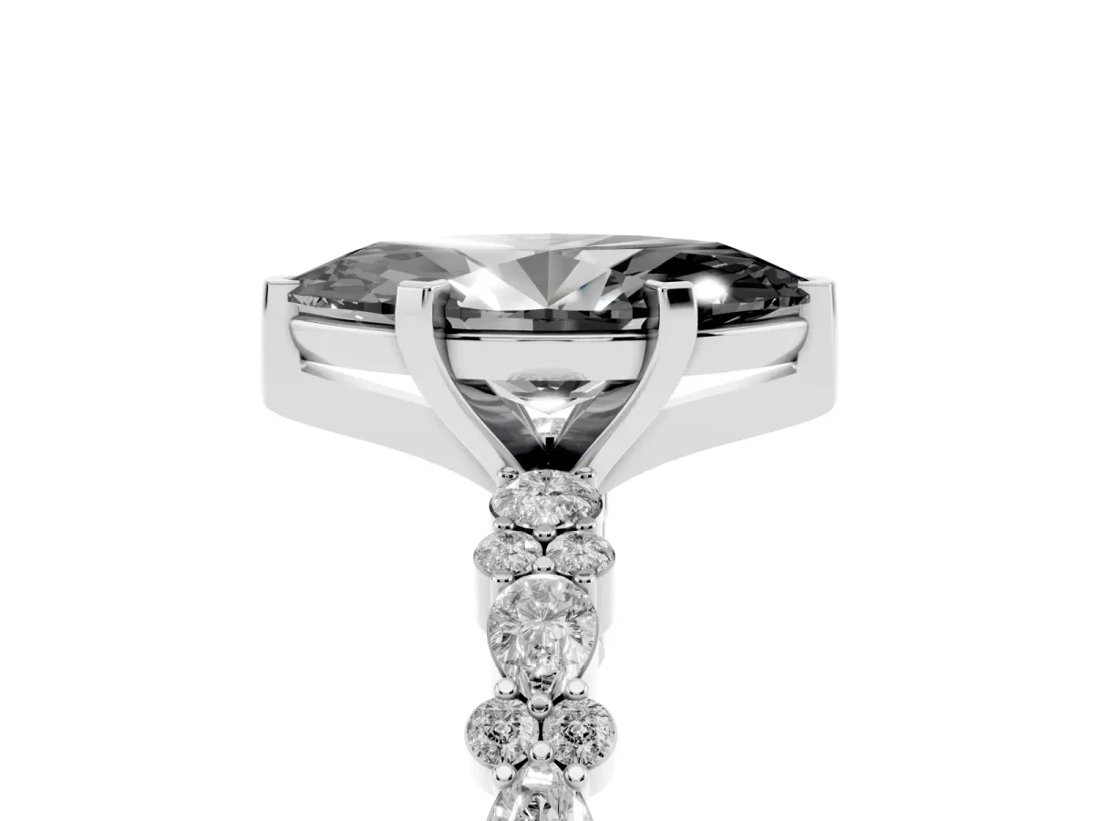 Fancy Black Marquise Cut Diamond Side Stone Solitaire Ring with Round and Four-Prong Setting Silver