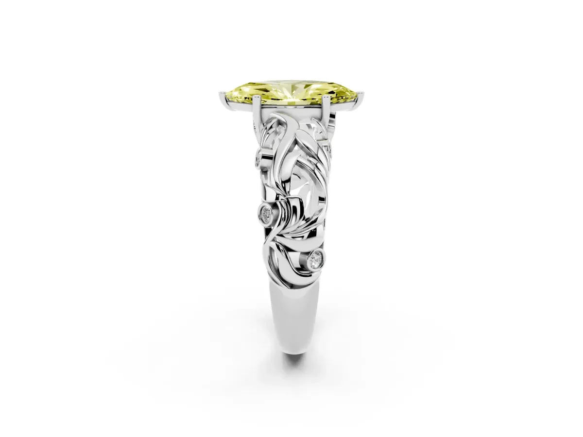 Fancy Yellow Marquise Cut Solitaire Diamond Leaf-Inspired Vine Band Ring with Prong Setting Silver