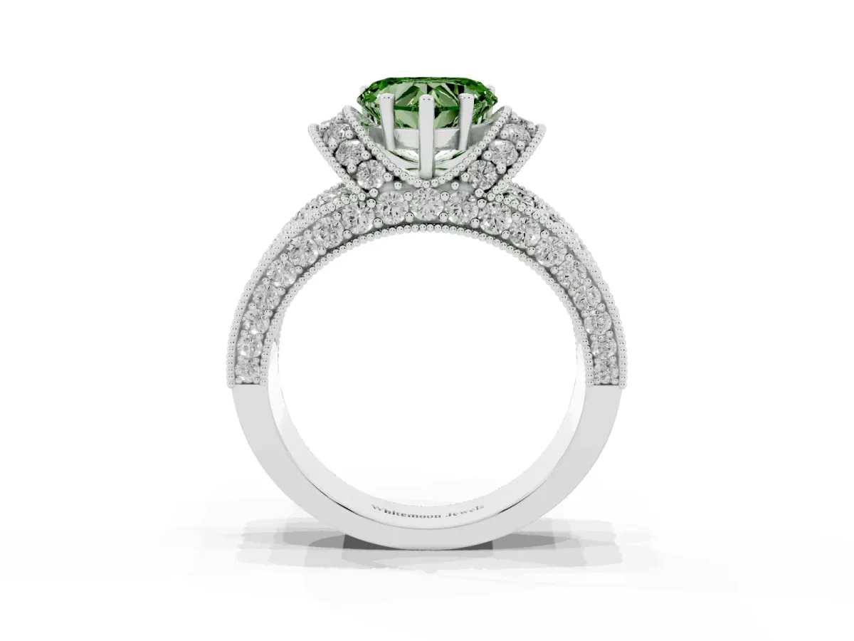 Fancy Green Heart Cut Halo Pave Diamond Engagement Ring with Milgrain Detailing White gold