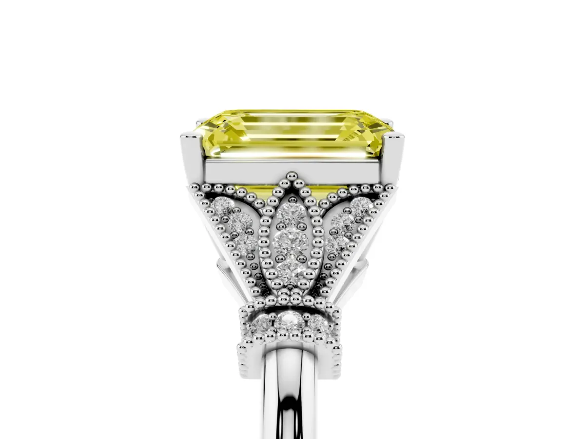 Fancy Yellow Emerald Cut Diamond Solitaire Ring with Floral Filigree and Pave Accents Platinum