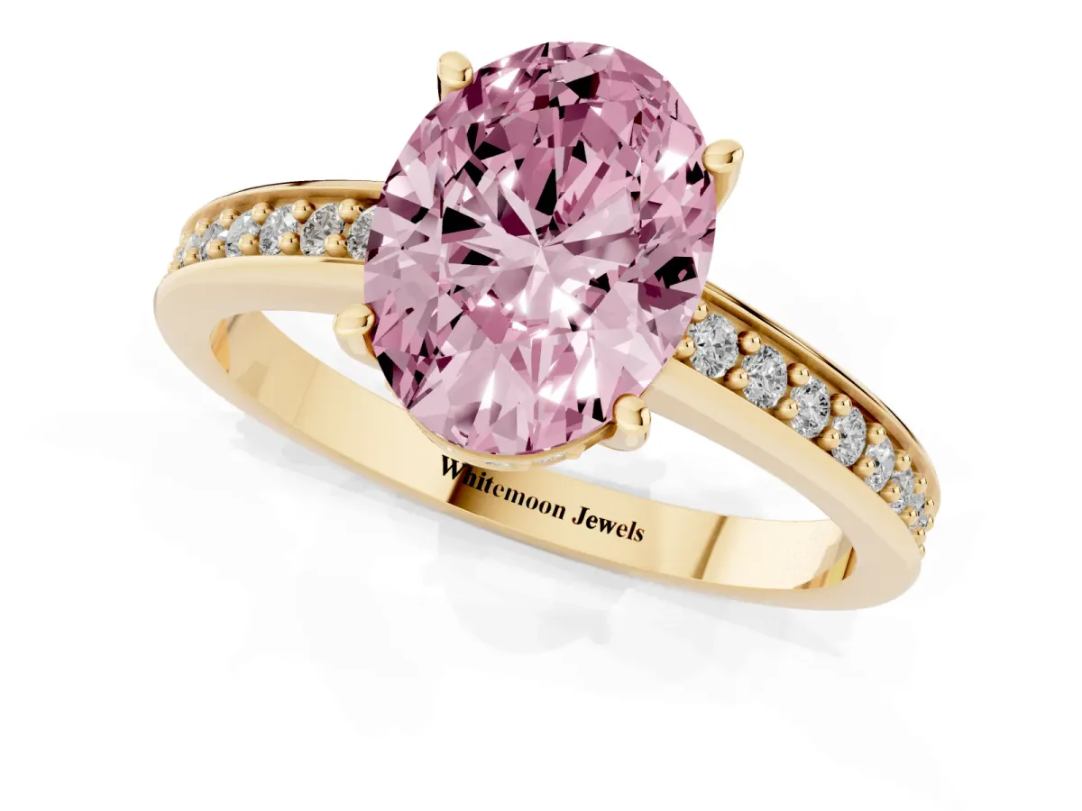 Fancy Pink Oval Cut Solitaire Pavé Band Prong Setting Ring Yellow gold