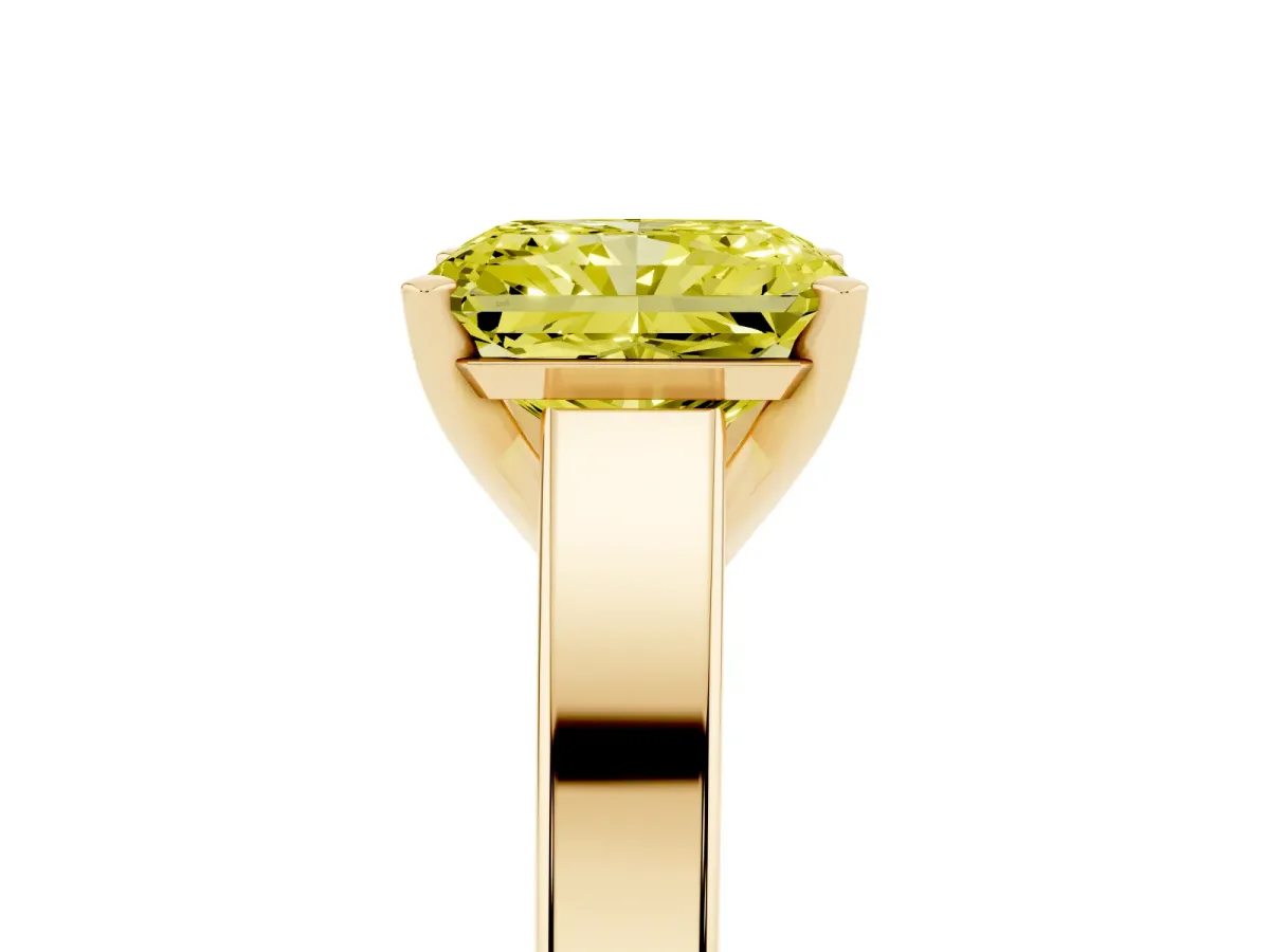 Fancy Yellow Radiant Cut Solitaire Engagement Ring with Four-Prong Setting and Tapered Band Yellow gold