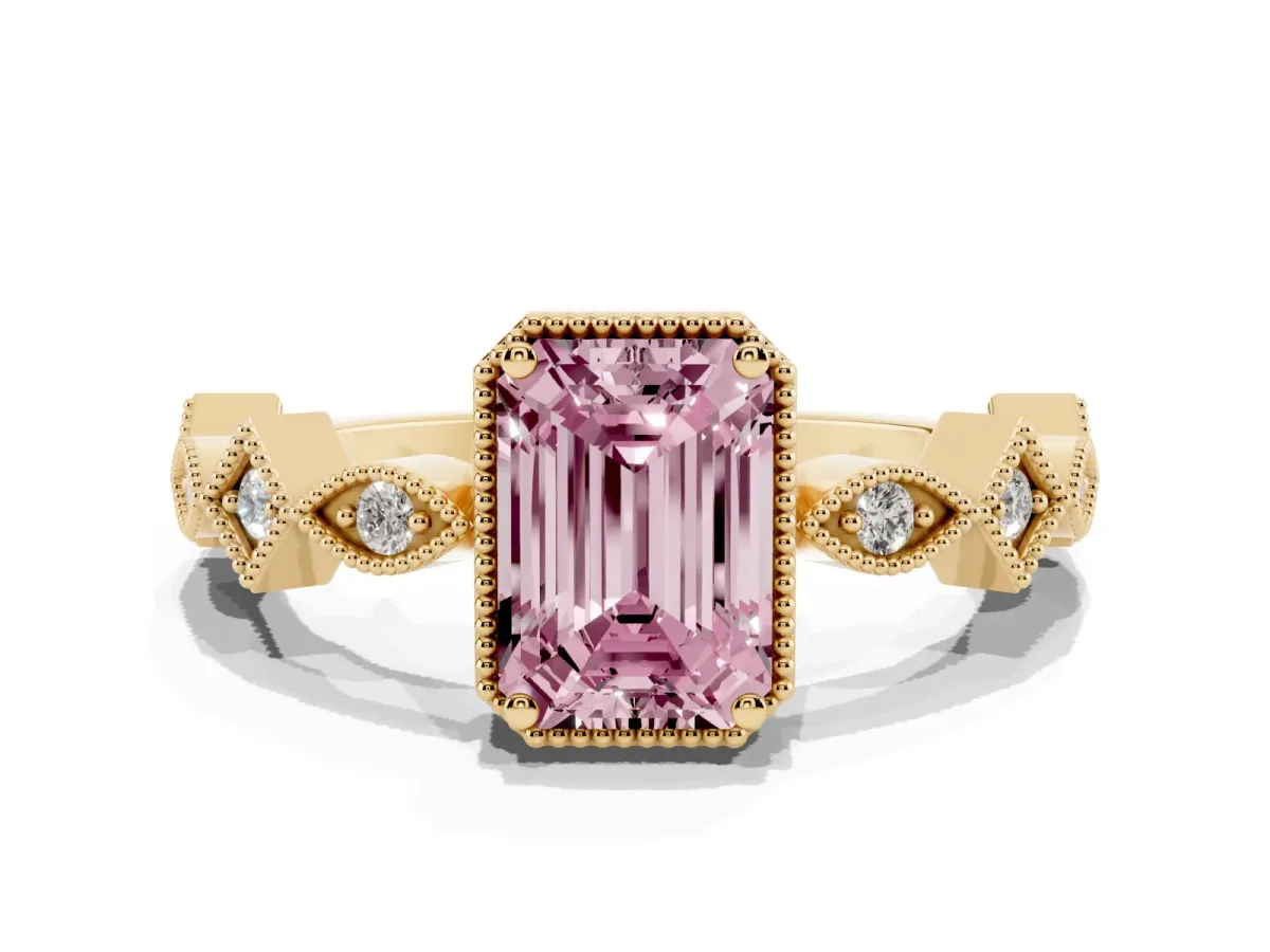 Fancy Pink Emerald Cut Milgrain Marquise Diamond Twist Band Ring Yellow gold