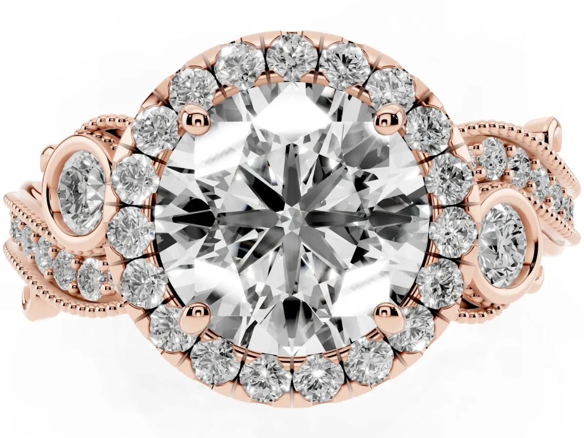 Round Cut Diamond Halo Ring with Milgrain Pavé Band and Four-Prong Setting Rose gold