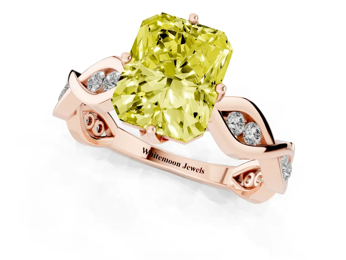 Fancy Yellow Radiant Cut Solitaire Twist Band with Leaf Prong Setting Rose gold