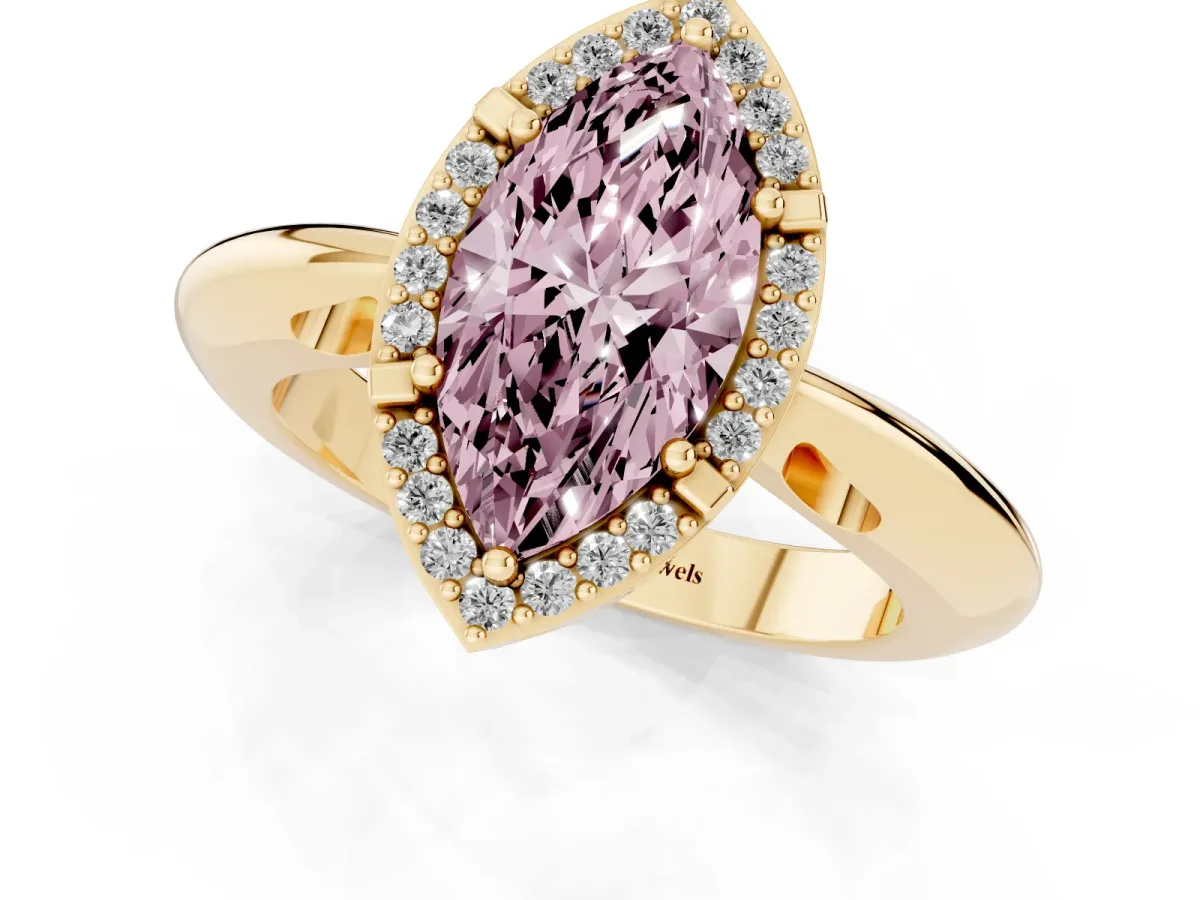 Fancy Pink Marquise Cut Cut Diamond Halo Engagement Ring with Split Shank and Four-Prong Setting Yellow gold