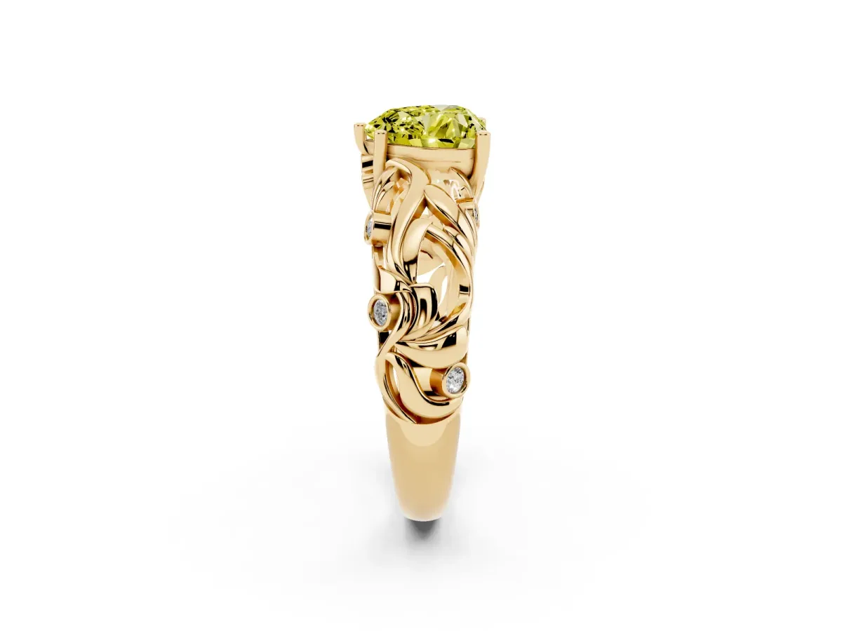 Fancy Yellow Heart Cut Solitaire Diamond Leaf-Inspired Vine Band Ring with Prong Setting Yellow gold