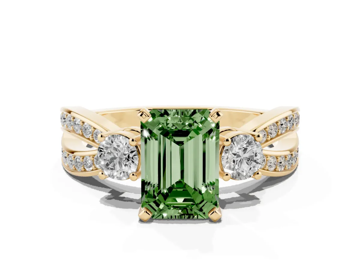 Fancy Green Three-Stone Emerald Cut Cut Diamond Twist Band with Prong Setting Yellow gold