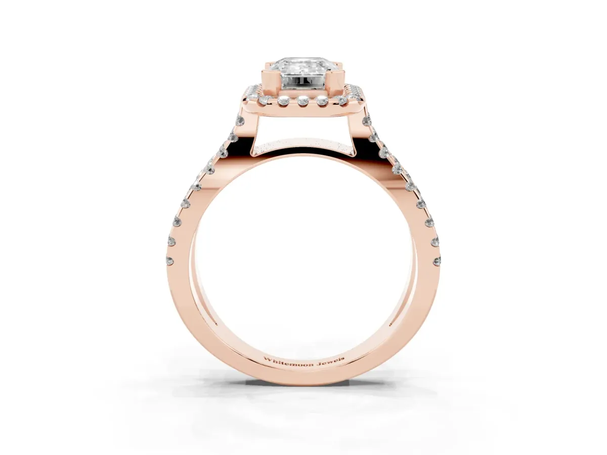 Emerald Cut Diamond Halo Ring with Split Shank Pavé Band and Prong Setting Rose gold