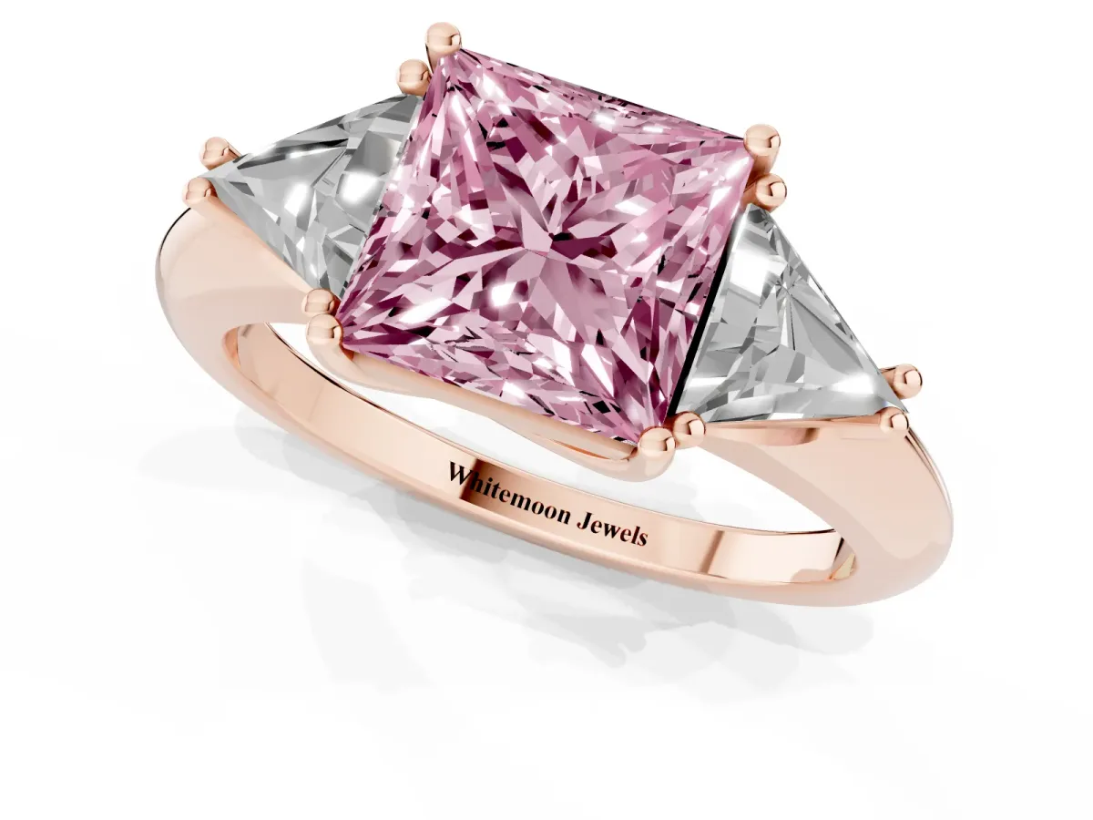 Fancy Pink Three-Stone Princess Cut Diamond Engagement Ring with Trillion Side Stones and Prong Setting Rose gold