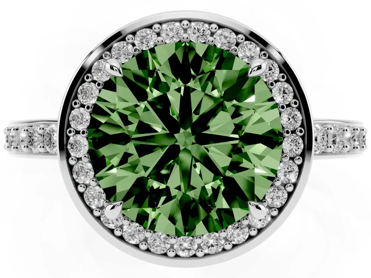 Fancy Green Round Cut Halo Pave Band Solitaire Ring with Prong Setting Silver