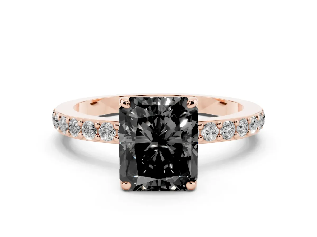 Fancy Black Radiant Cut Diamond Pavé Engagement Ring with Round Accents and Prong Setting Rose gold