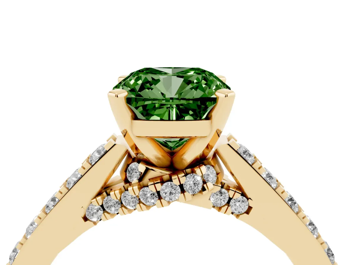 Fancy Green Cushion Cut Diamond Solitaire Ring with Crossover Gallery and Round Pavé Band Yellow gold