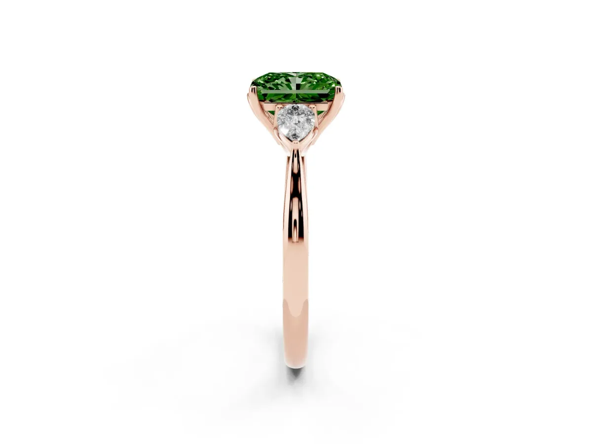 Fancy Green Three-Stone Radiant Cut Diamond Ring with Pear Side Stones in Four-Prong Setting Rose gold