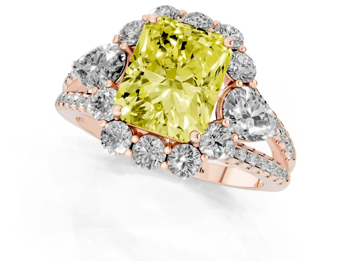 Fancy Yellow Radiant Cut Halo Split Shank Diamond Engagement Ring with Prong Setting Rose gold