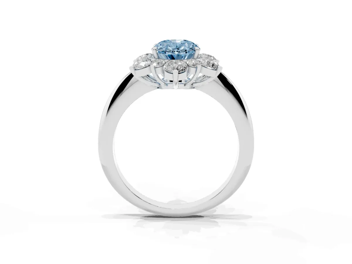 Fancy Blue Oval Cut Diamond Cluster Halo Ring with Solitaire Band and Four-Prong Setting Silver