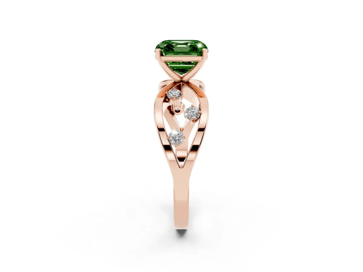 Fancy Green Asscher Cut Cut Solitaire Diamond with Side Stones on Criss-Cross Band and Four-Prong Setting Rose gold