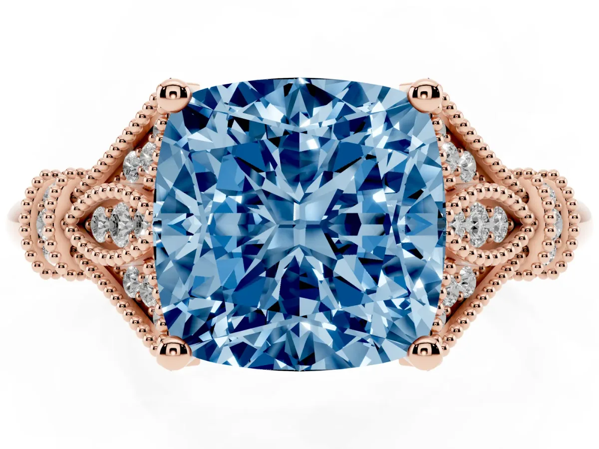 Fancy Blue Cushion Cut Diamond Solitaire Ring with Floral Filigree and Pave Accents Rose gold