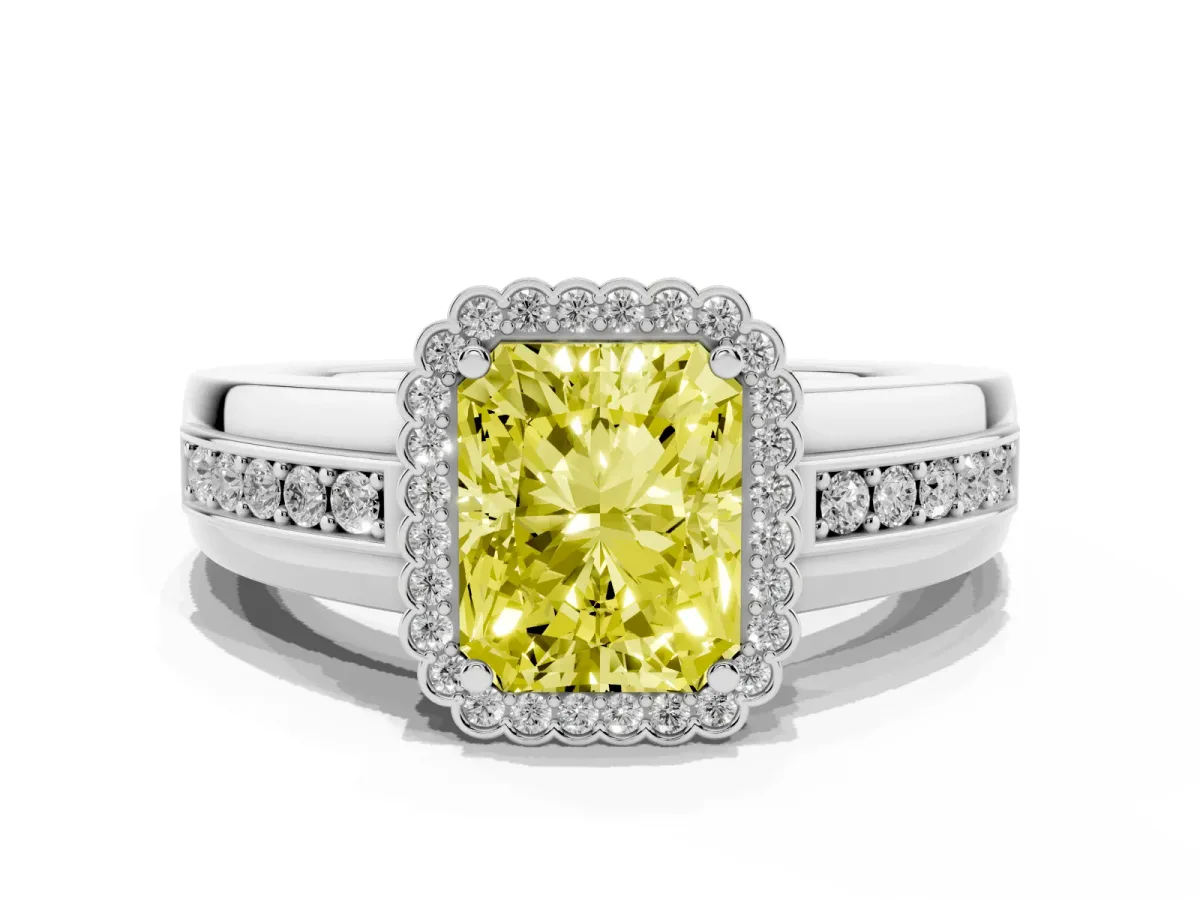 Fancy Yellow Radiant Cut Cut Halo Pave Band Four-Prong Ring Platinum
