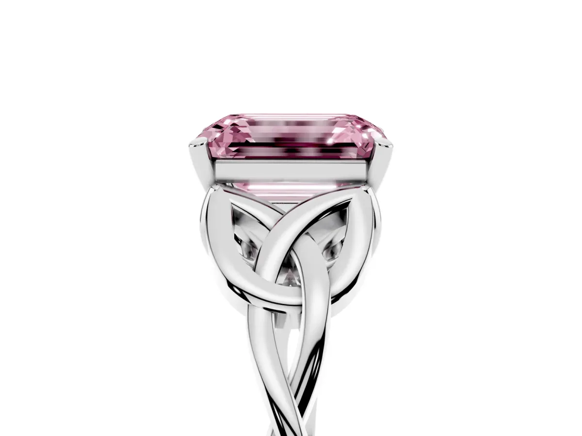 Fancy Pink Emerald Cut Diamond Solitaire Engagement Ring with Celtic Knot Band and Four-Prong Setting Platinum