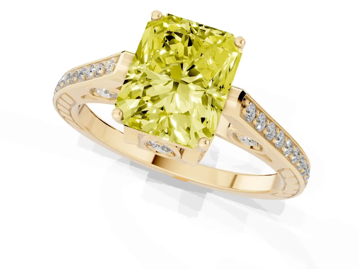 Fancy Yellow Radiant Cut Cut Cathedral Pave Diamond Engagement Ring with Six-Prong Setting Yellow gold