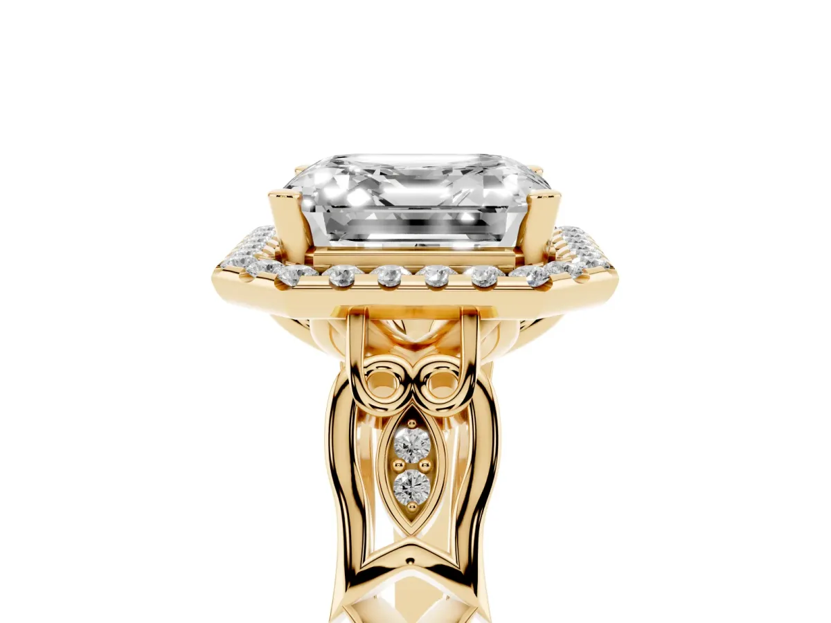 Asscher Cut Halo Diamond Engagement Ring with Filigree Band and Four-Prong Setting Yellow gold