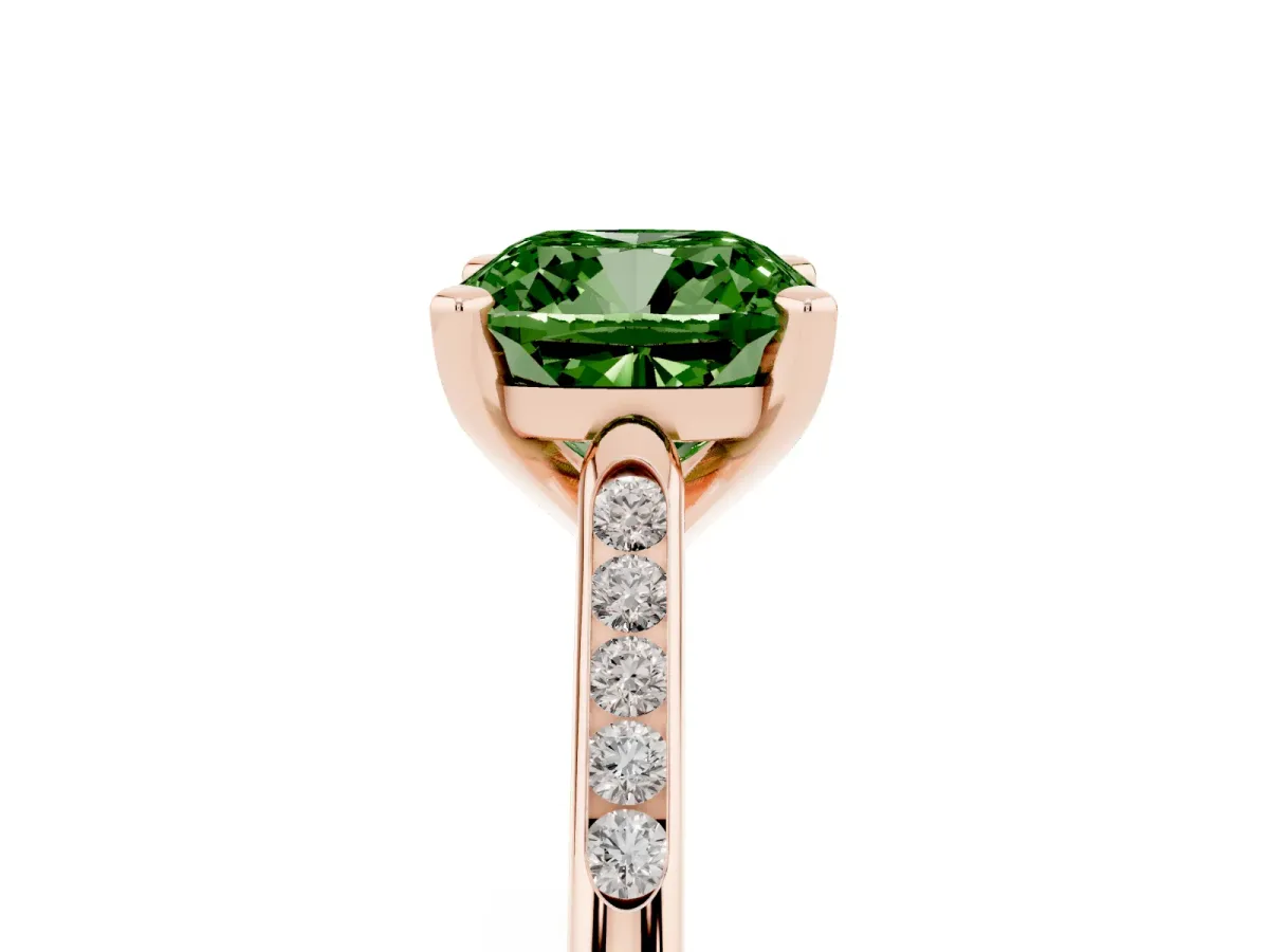 Fancy Green Cushion Cut Diamond Solitaire Ring with Channel Set Round Band and Prong Setting Rose gold