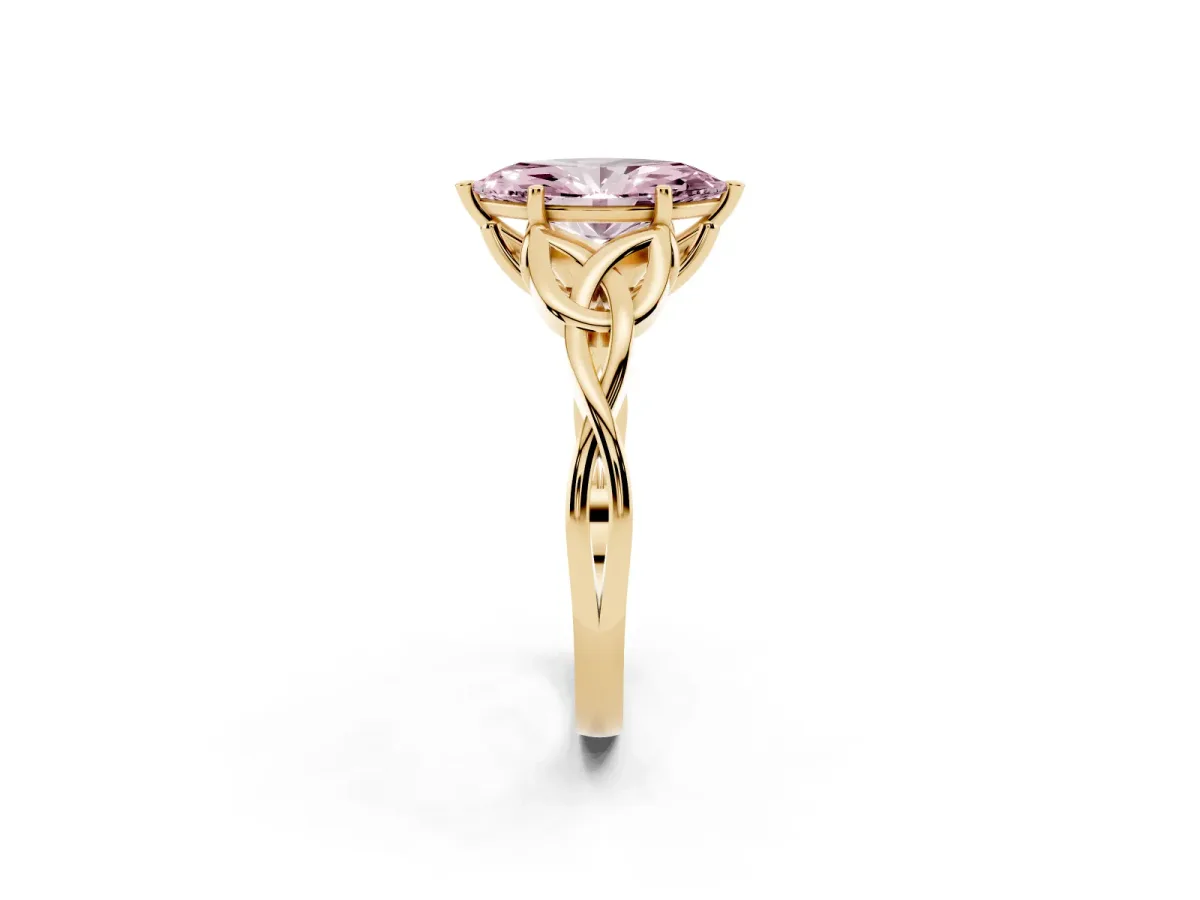 Fancy Pink Marquise Cut Diamond Solitaire Engagement Ring with Celtic Knot Band and Four-Prong Setting Yellow gold