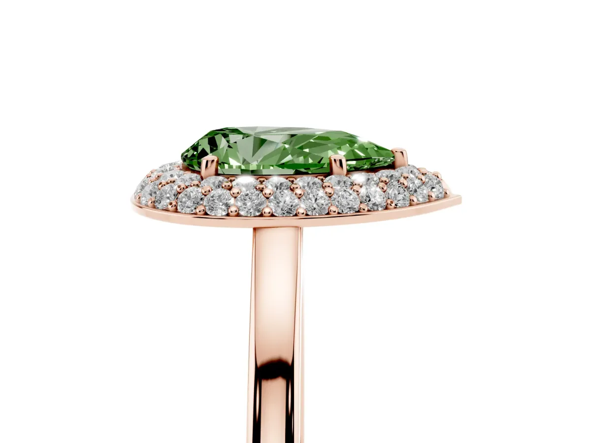 Fancy Green Pear Cut Halo Diamond Engagement Ring with Solitaire Band and Four-Prong Setting Rose gold