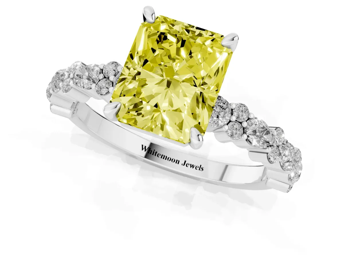 Fancy Yellow Radiant Cut Diamond Side Stone Solitaire Ring with Round and Four-Prong Setting Silver