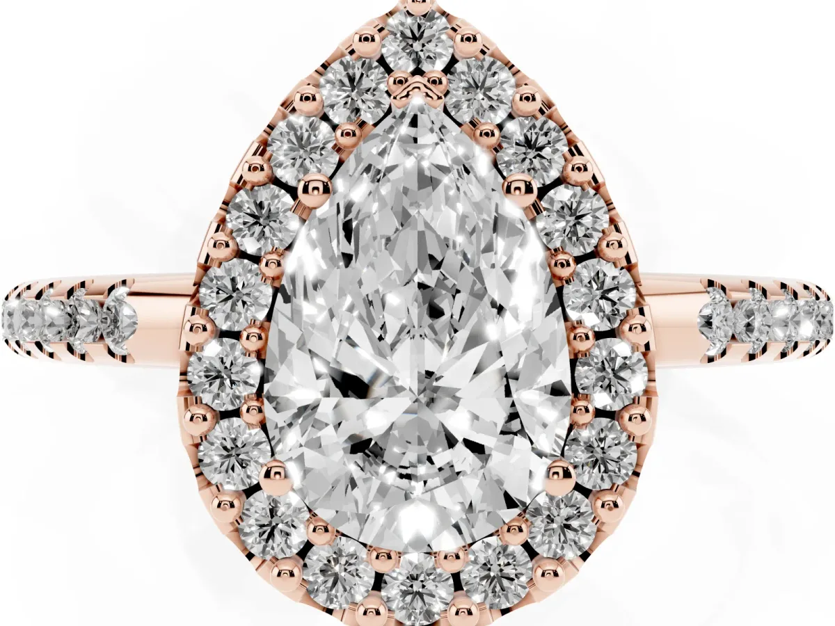 Pear Cut Diamond Pavé Halo Ring with Four-Prong Setting Rose gold