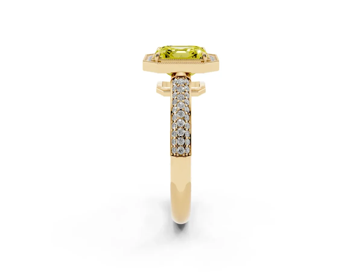 Fancy Yellow Asscher Cut Cut Halo Diamond Pave Band with Four-Prong Setting Yellow gold