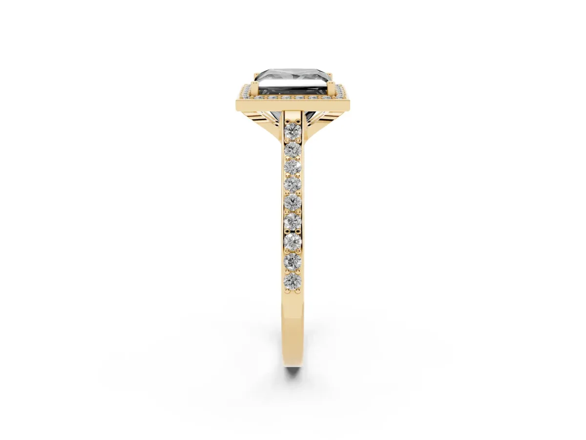 Fancy Black Princess Cut Diamond Halo Engagement Ring with Round Pavé Shoulders and Prong Setting Yellow gold