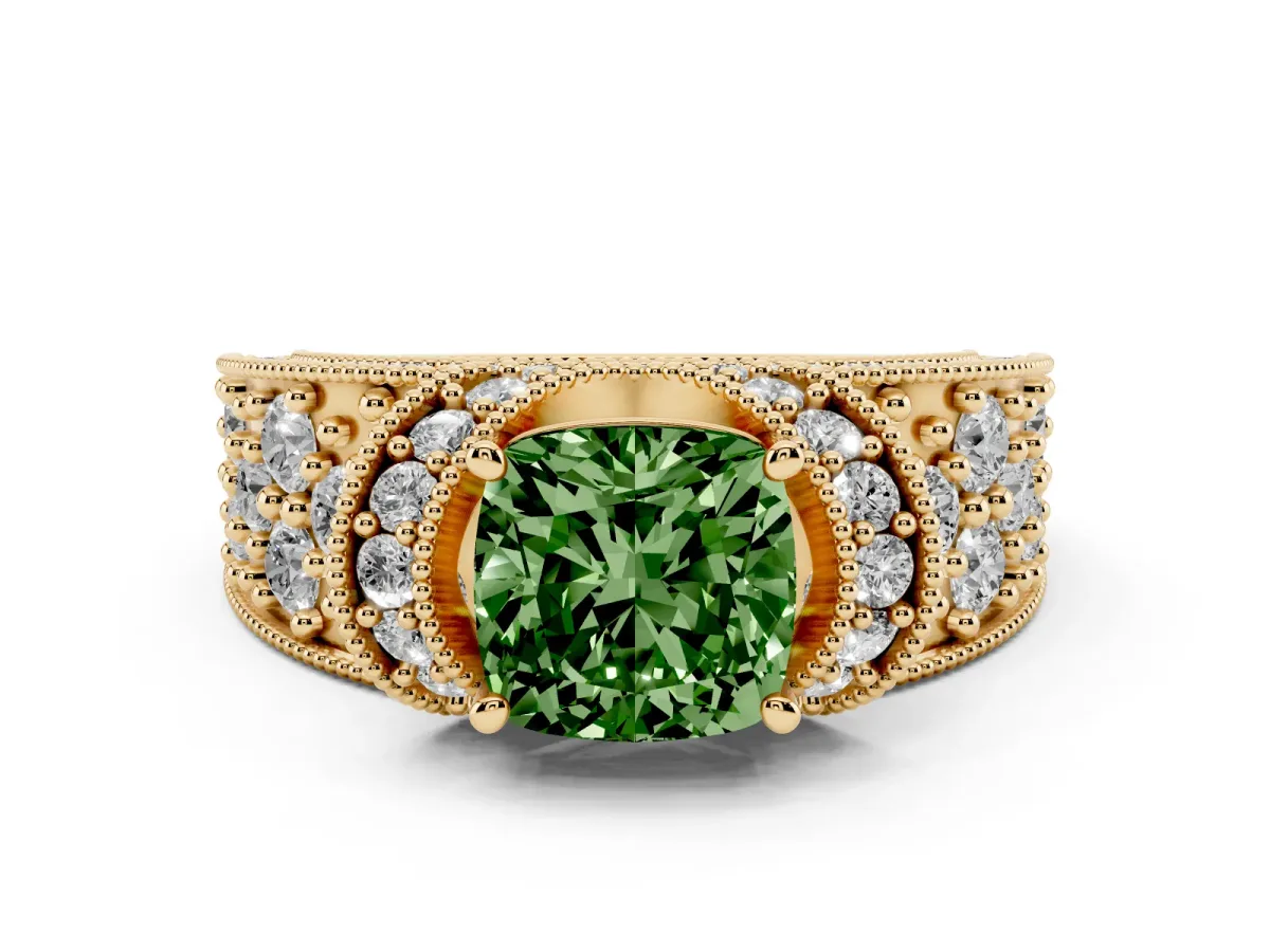 Fancy Green Cushion Cut Halo Pave Diamond Engagement Ring with Milgrain Detailing Yellow gold