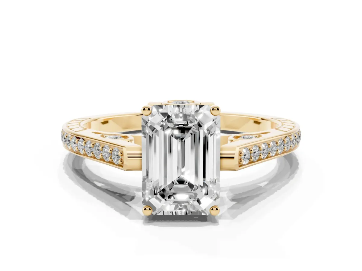 Emerald Cut Cut Cathedral Pave Diamond Engagement Ring with Six-Prong Setting Yellow gold